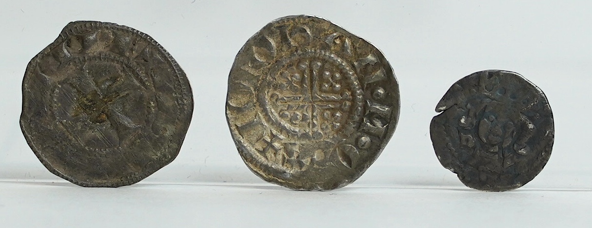 British hammered silver coins, a Henry III short cross penny (S1356), about VF, 1.43g, an Edward IV penny, Durham, (possibly S2123), fine, 0.49g and a Richard I (1189-1199), Anglo-Gallic silver Denier, 0.84g